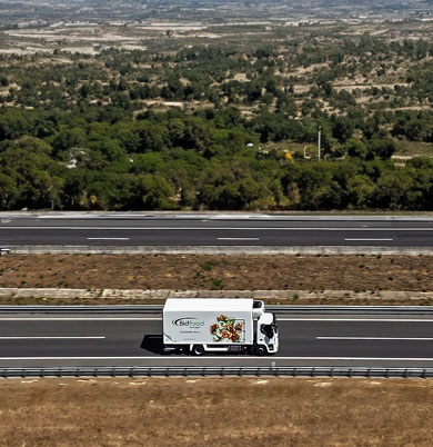 Caminhão da BidFood decorado com imagens de alimentos, viajando por uma autoestrada, simbolizando a entrega dinâmica e abrangente da empresa.